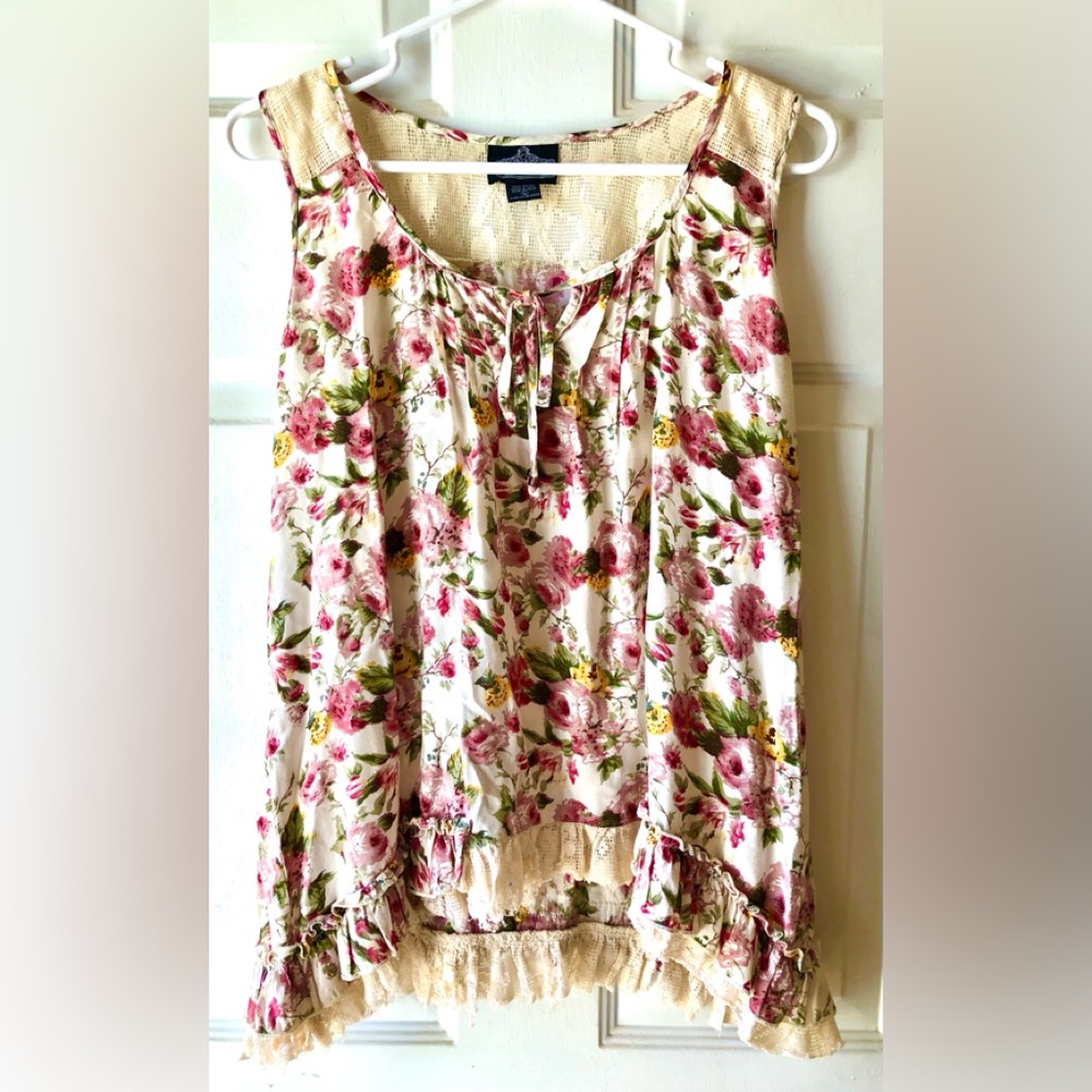 Angie Rose Pink Olive Cream Floral Shabby Lace Boho Sleeveless Blouse Sz Large